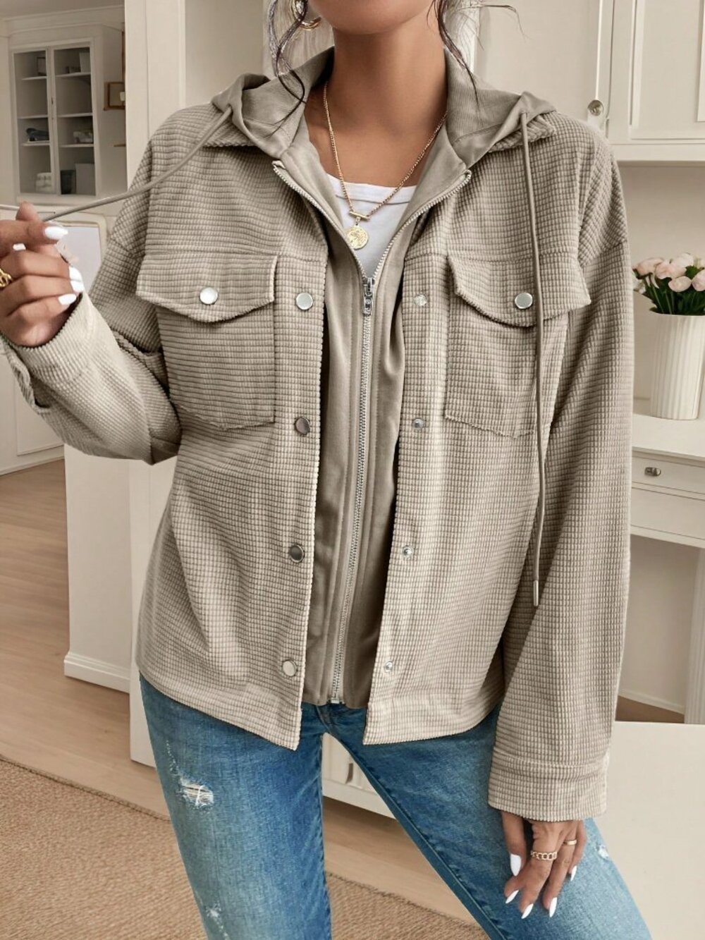 Light Grey Casual Women's Drop Shoulder Hooded Corduroy Jacket - Picture 6 of 6